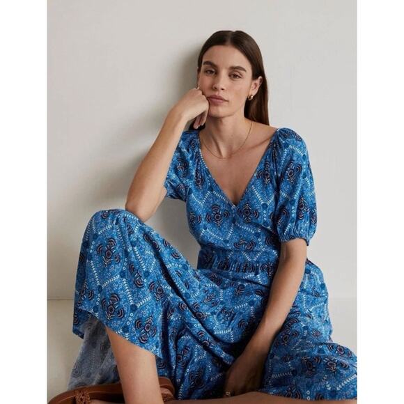 Boden V-neck Midi Dress Mosaic Blue Poppy Bloom Size UK14L US10L - Picture 6 of 11